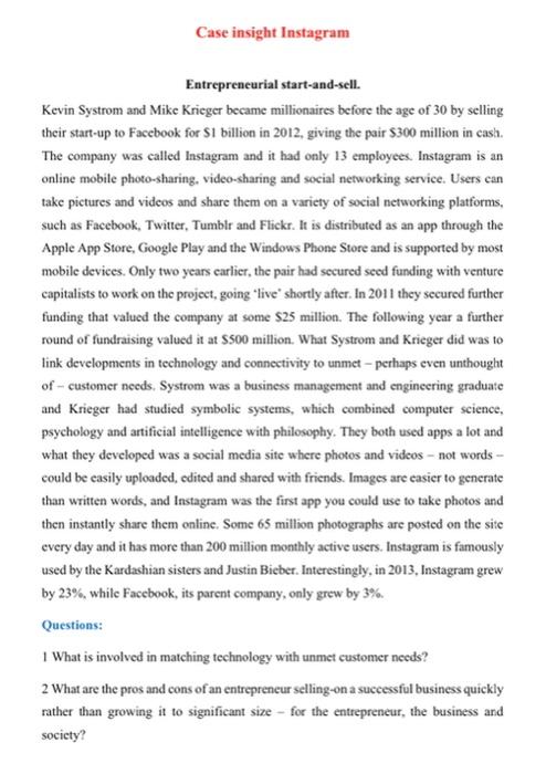 Solved Case insight Instagram Entrepreneurial | Chegg.com