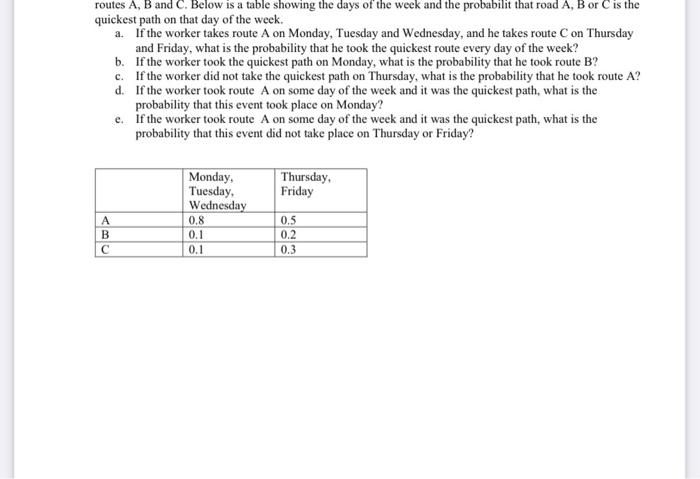 Solved routes A, B and C. Below is a table showing the days | Chegg.com