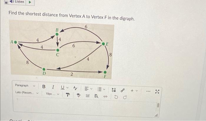 Solved Listen Find the shortest distance from Vertex A to | Chegg.com