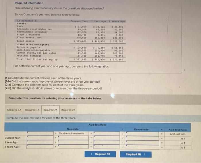 Required information
[The following information applies to the questions displayed below.
Simon Companys year-end baiance sh