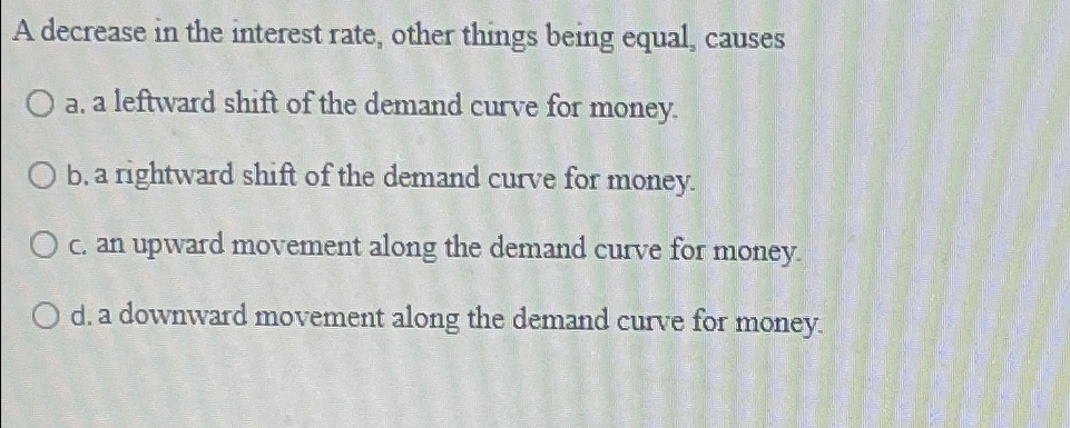 Solved A decrease in the interest rate, other things being | Chegg.com