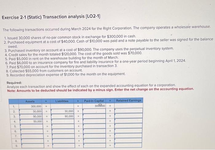 Solved Exercise 2-1 (Static) Transaction analysis [LO2-1] | Chegg.com