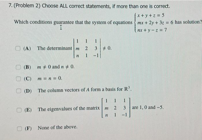 Solved 7. (Problem 2) Choose ALL Correct Statements, If More | Chegg.com