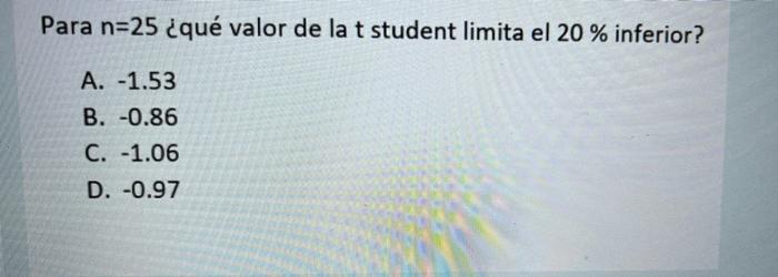 Para n=25 ¿qué valor de la t student limita el 20 % inferior? A. -1.53 B. -0.86 C. -1.06 D. -0.97