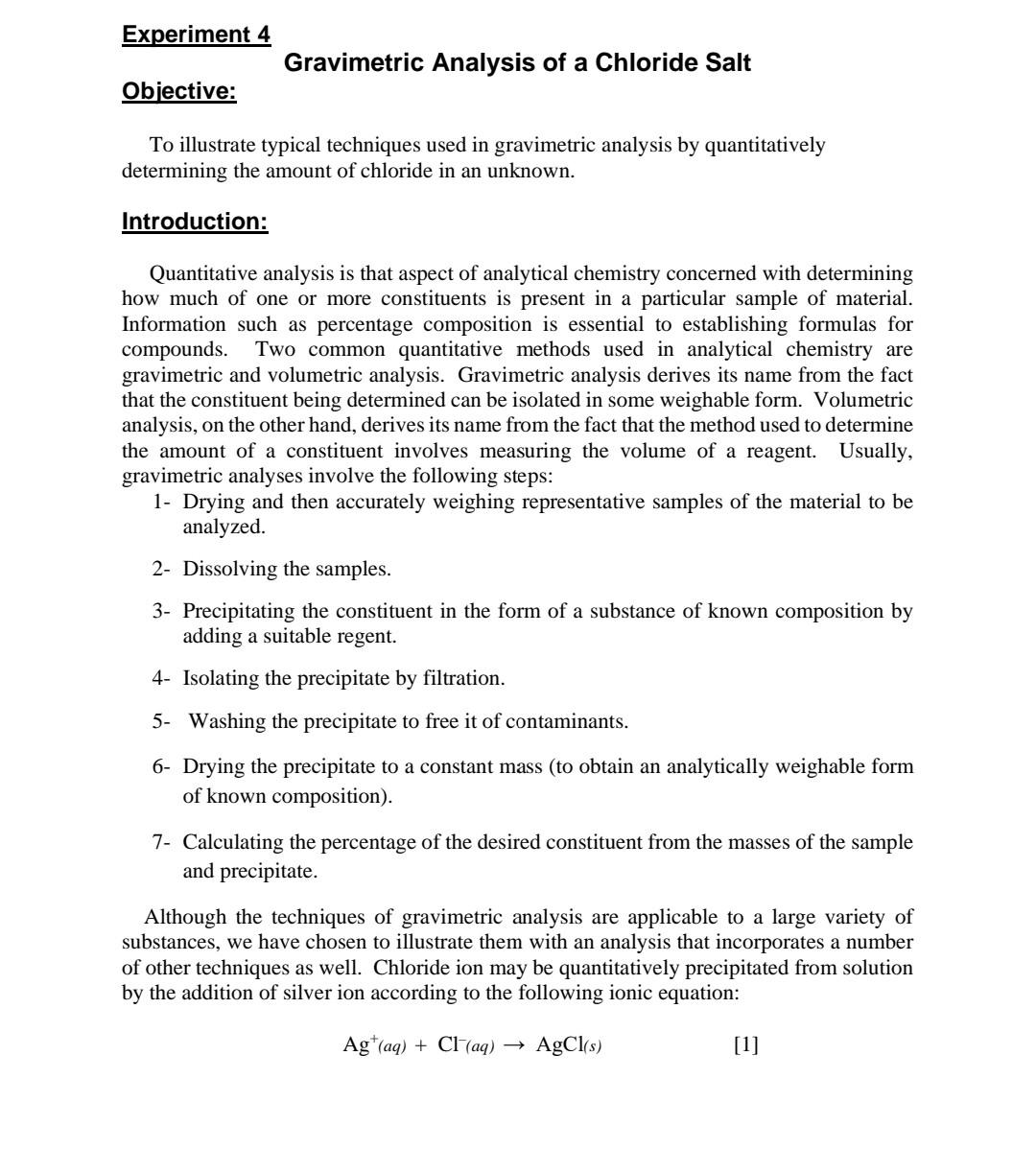 Solved Experiment 4 Gravimetric Analysis of a Chloride Salt | Chegg.com