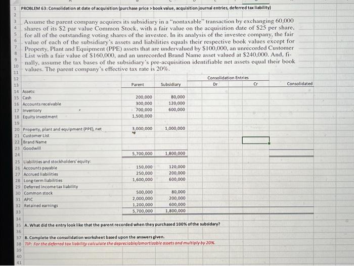 Assume the parent company acquires its subsidiary in