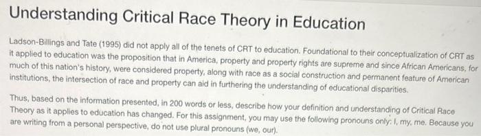 Solved Understanding Critical Race Theory in Education | Chegg.com
