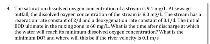 Solved The saturation dissolved oxygen concentration of a | Chegg.com