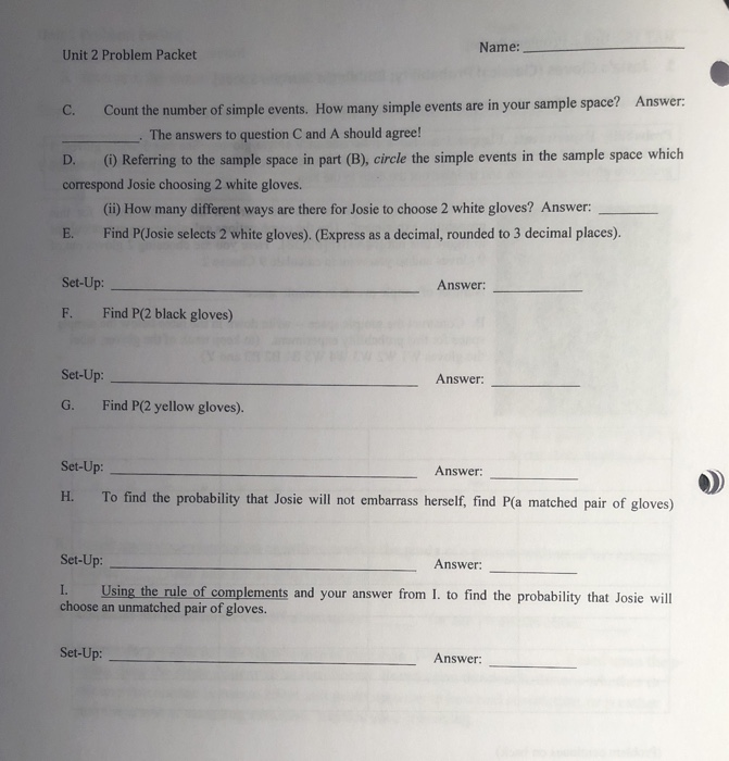 Solved MAT 152: Unit 2 Problem Packet Name: 1 Josie's Gloves | Chegg.com