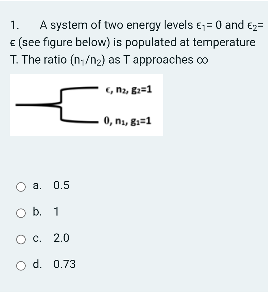 Solved 1. A system of two energy levels Ey = 0 and €2= € | Chegg.com