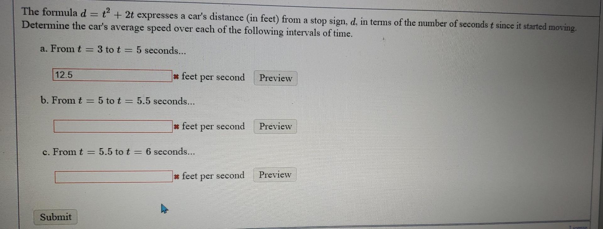 Solved The formula d t? + 2t expresses a car's distance (in