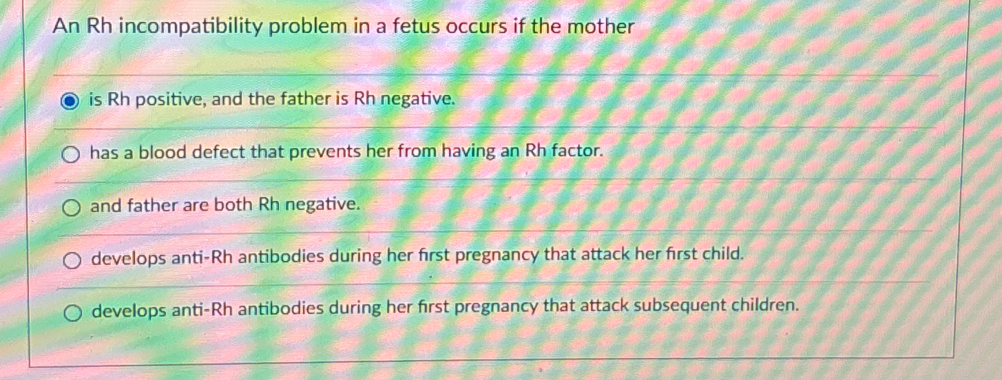 Solved An Rh incompatibility problem in a fetus occurs if | Chegg.com