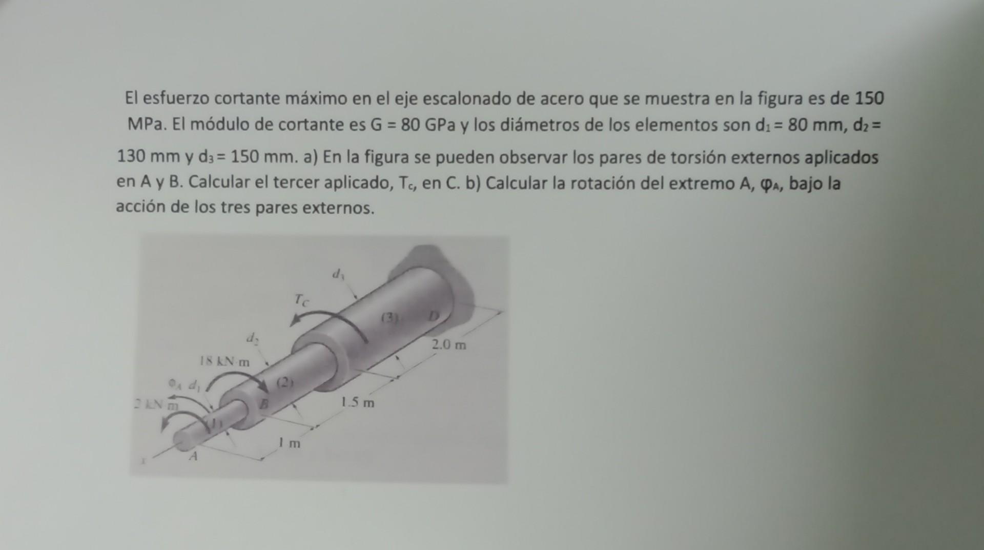 El esfuerzo cortante máximo en el eje escalonado de acero que se muestra en la figura es de \( \mathbf{1 5 0} \) \( \mathrm{M