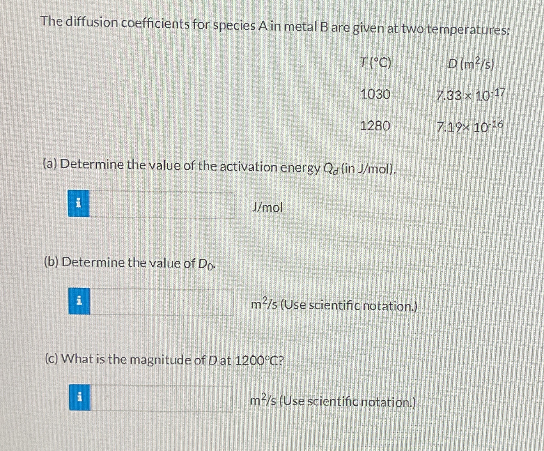 Solved The diffusion coefficients for species A in metal B | Chegg.com