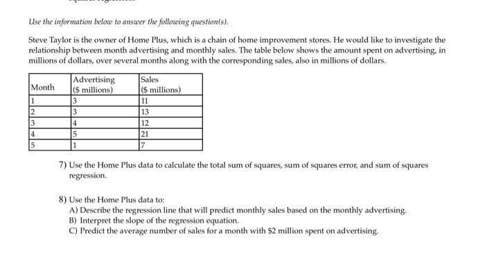 Solved Use the information below to answer the following | Chegg.com