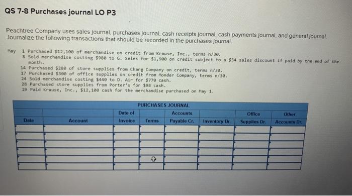 Solved QS 7-8 Purchases journal LO P3 Peachtree Company uses | Chegg.com