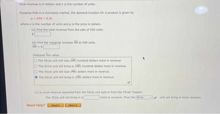 Solved Total revenue is in dollars and x is the number of | Chegg.com