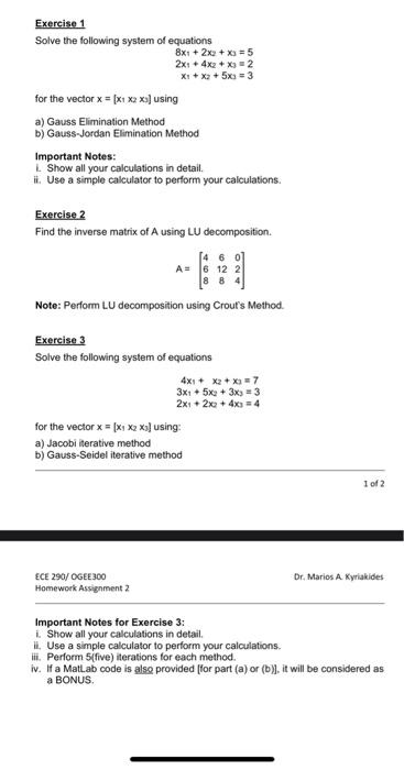 Solved Exercise 1 Solve the following system of equations | Chegg.com