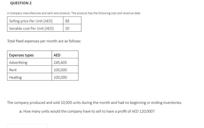 Solved A Company manufactures and sells one product. The | Chegg.com