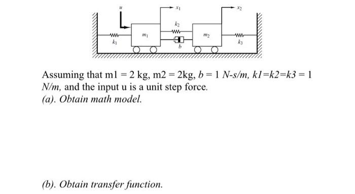 Solved Assuming that ml=2 kg, m2=2 kg,b=1 N−s/m,kl=k2=k3=1 | Chegg.com