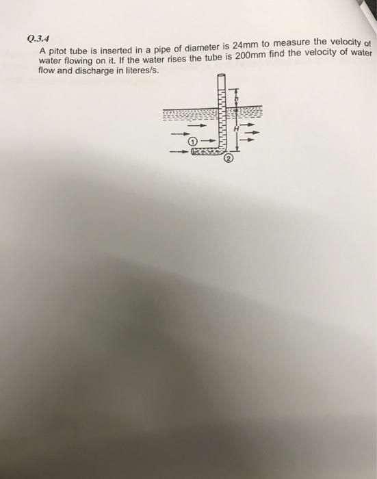 Solved Q.3.4 A pitot tube is inserted in a pipe of diameter | Chegg.com