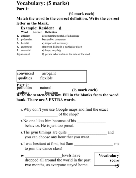 Solved Vocabulary (5 marks) Part 1 (1 mark each) Match the