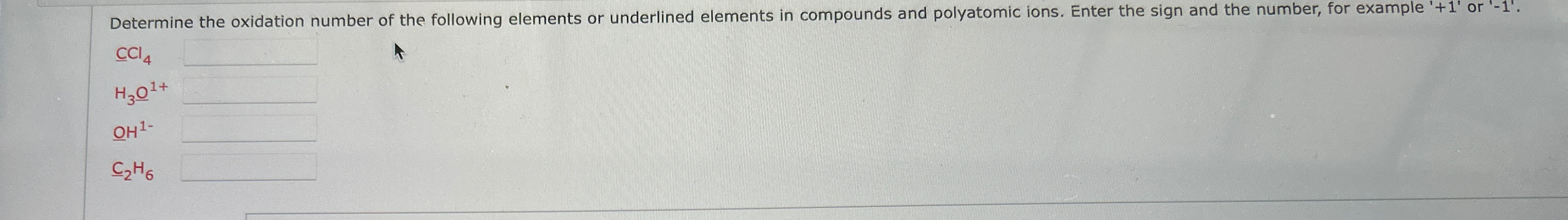 calculate the oxidation number of underlined elements in the following compounds