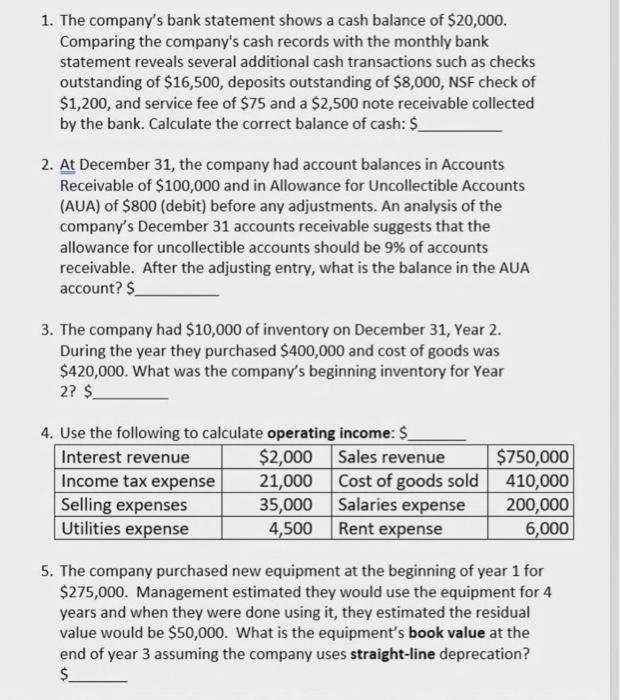 Solved 1. The company's bank statement shows a cash balance | Chegg.com