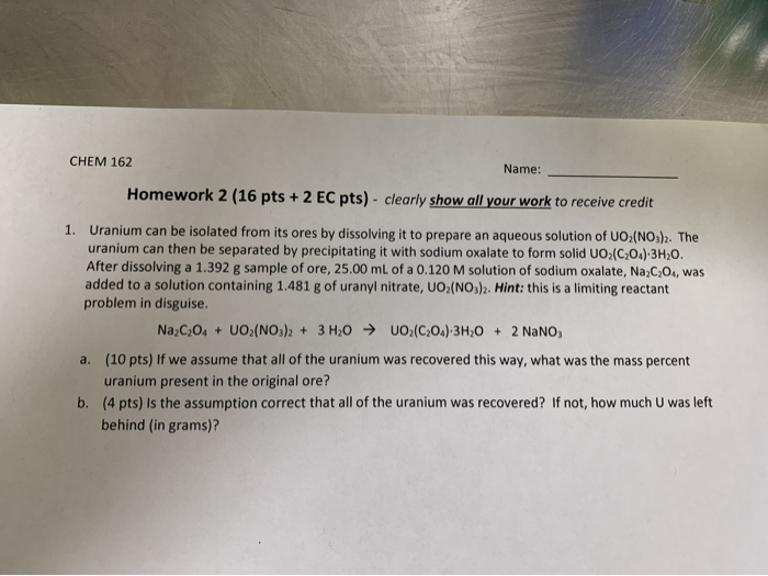 Solved CHEM 162 Name: Homework 2 (16 pts + 2 EC pts) - | Chegg.com