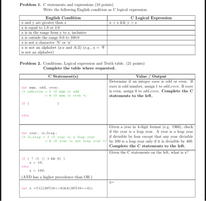 Solved Problem 1 C Statements And Expressions 10 Points Chegg Com