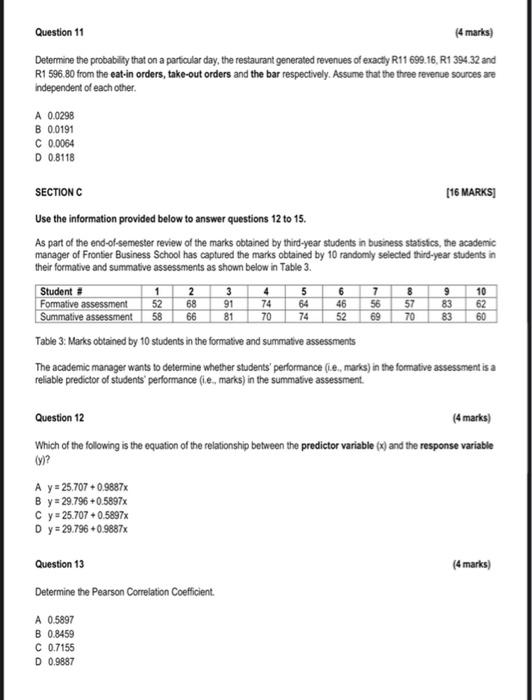 Question 11
(4 marks)
Determine the probability that on a particular day, the restaurant generated revenues of exactly R11 69