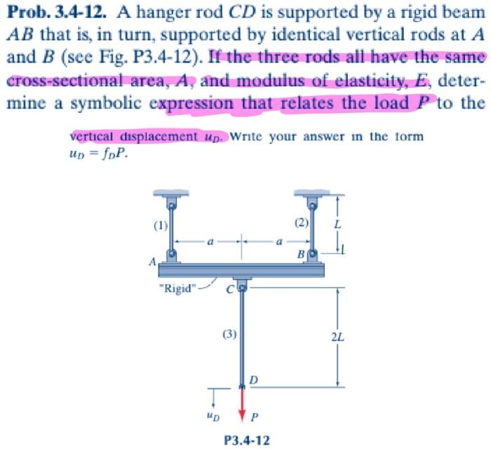 Solved Prob. 3.4-12. A hanger rod CD is supported by a rigid | Chegg.com