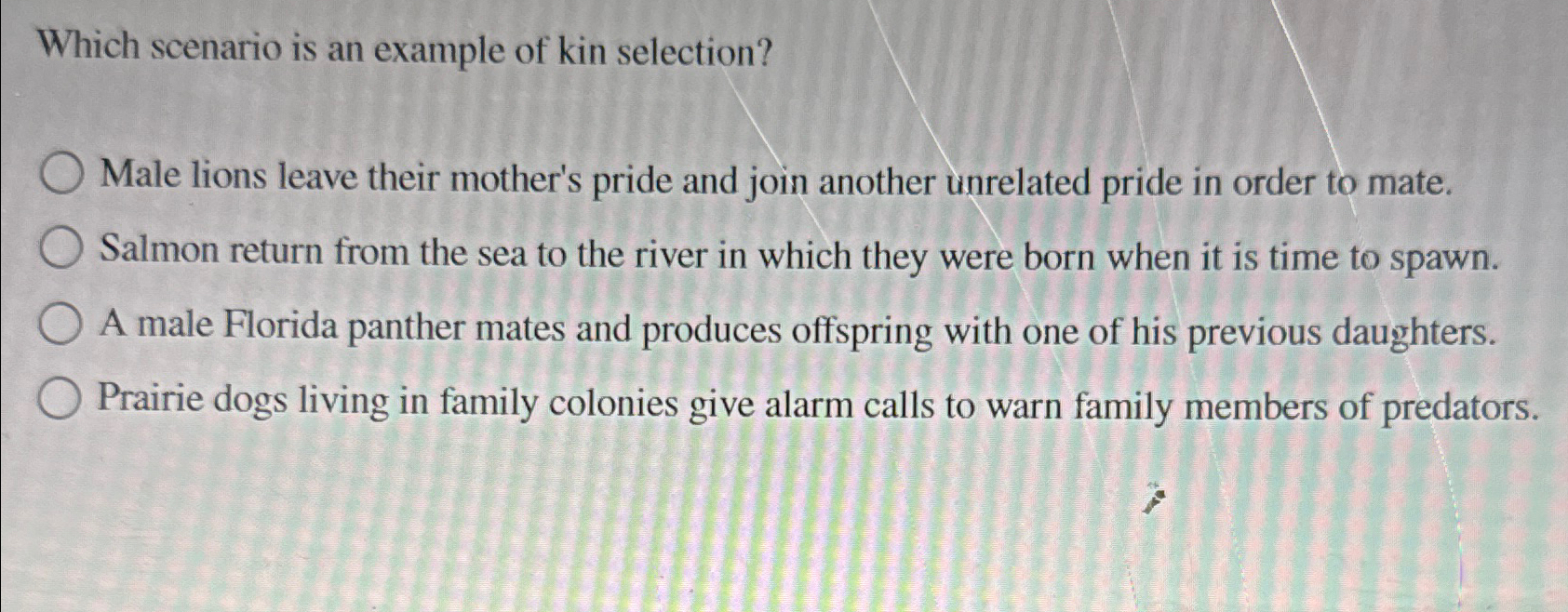 Solved Which scenario is an example of kin selection?Male | Chegg.com