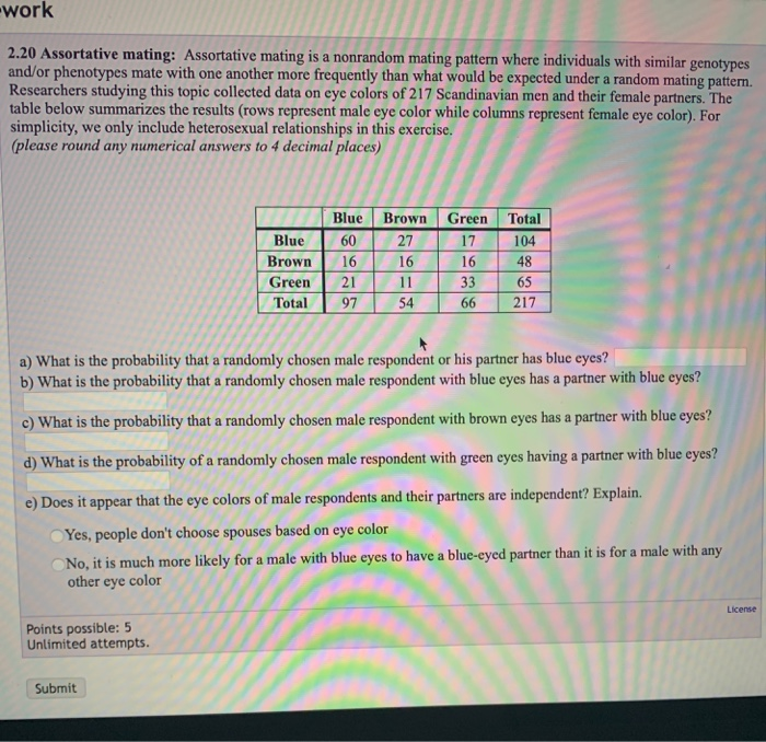 Solved Work 2.20 Assortative Mating: Assortative Mating Is A | Chegg.com