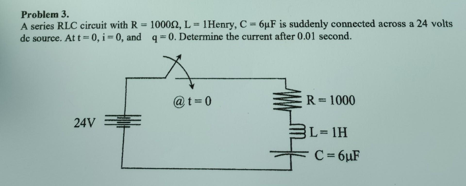 Solved Problem 3. A series RLC circuit with R=1000Ω,L=1 | Chegg.com