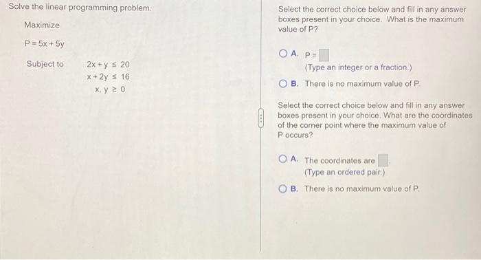 Solved Solve the linear programming problem. Select the | Chegg.com