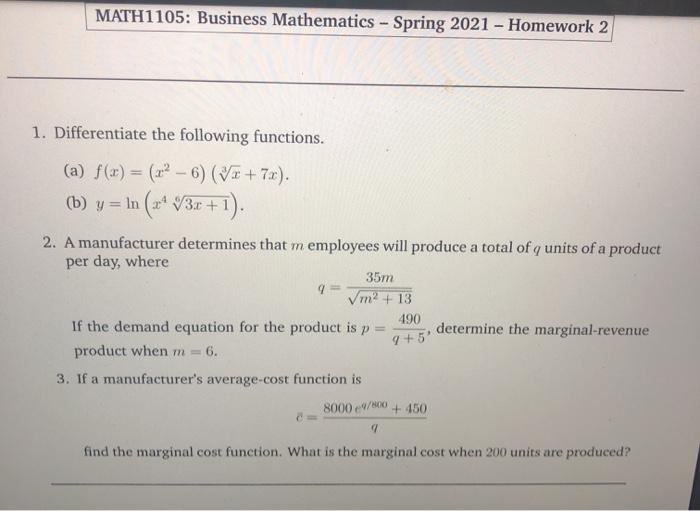 Solved Math1105 Business Mathematics Spring 21 Hom Chegg Com