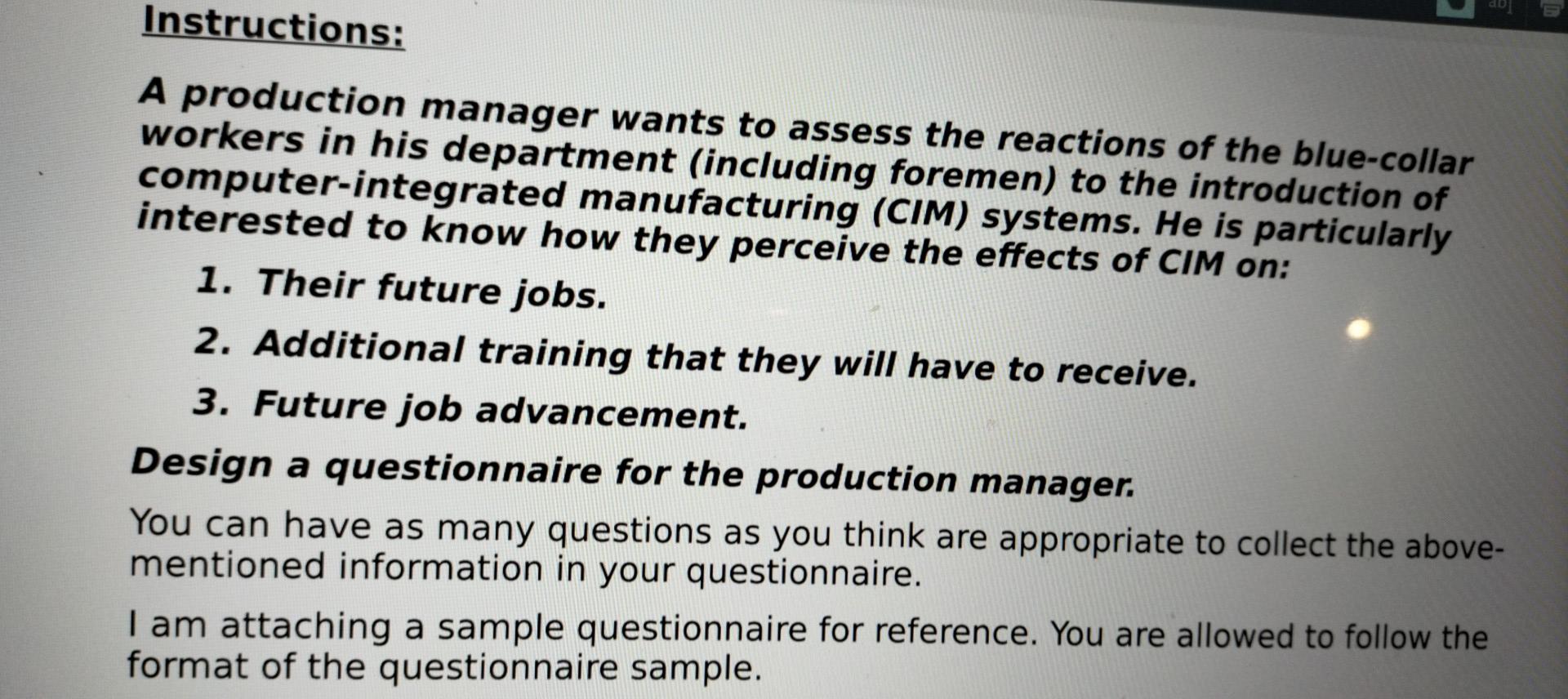 Solved Instructions: A production manager wants to assess | Chegg.com