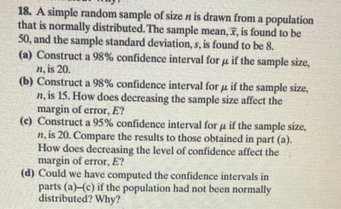Solved 18. A simple random sample of size n is drawn from a | Chegg.com