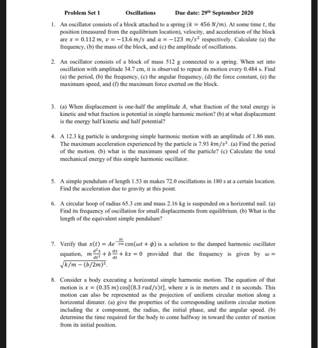 Solved Problem Set 1 Oscillations Due Date 29th Septembe Chegg Com