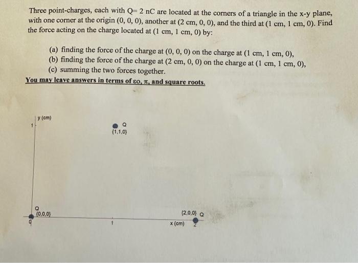 Solved Three point-charges, each with Q=2nC are located at | Chegg.com