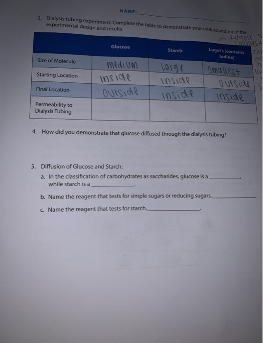 Solved NAME 3. Dialysis tubing experiment Complete the