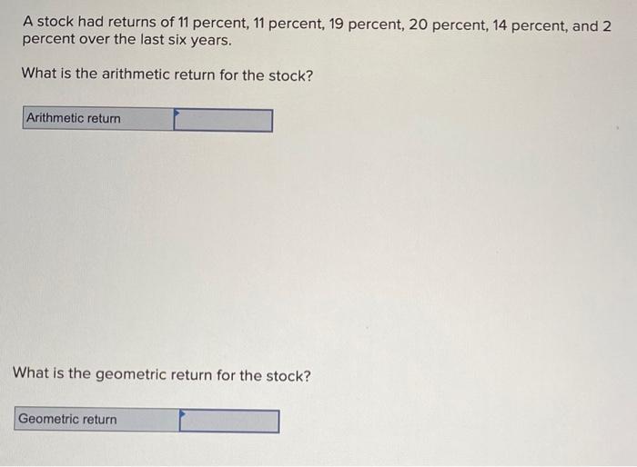Solved A stock had returns of 11 percent, 11 percent, 19 | Chegg.com