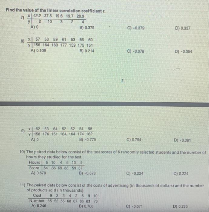 Solved Find the value of the linear correlation coefficient | Chegg.com