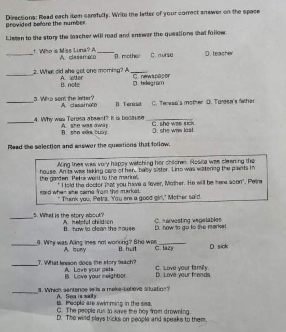 Solved Directions Read Each Item Carefully Write The Chegg