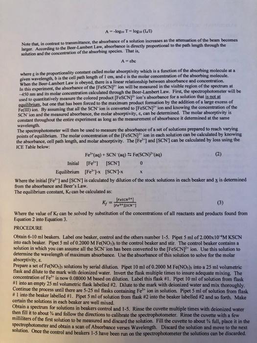 EXPERIMENT: DETERMINATION OF A FORMATION CONSTANT, K. | Chegg.com