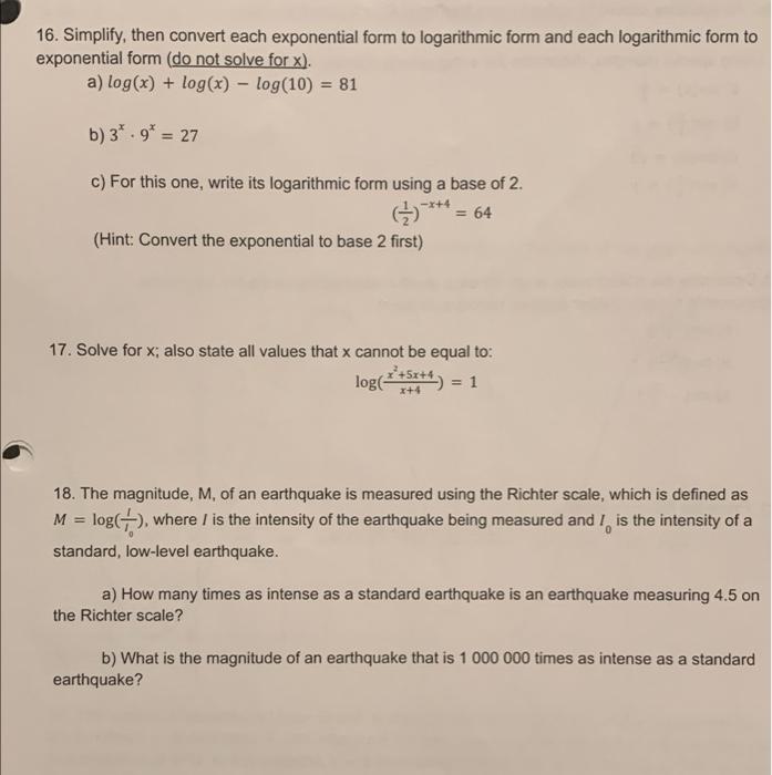 Solved 16. Simplify, then convert each exponential form to | Chegg.com