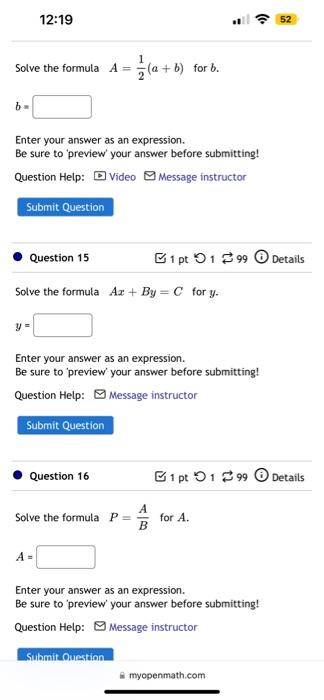 Solved Solve the formula A=21(a+b) for b. b= Enter your | Chegg.com