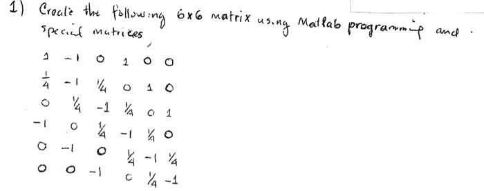 Solved 1) Create the following 6x6 matrix special matrices | Chegg.com