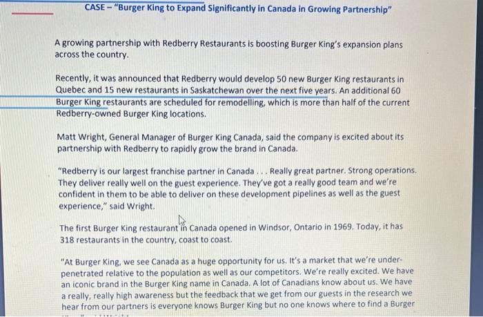 Solved CASE - "Burger King to Expand Significantly in Canada | Chegg.com